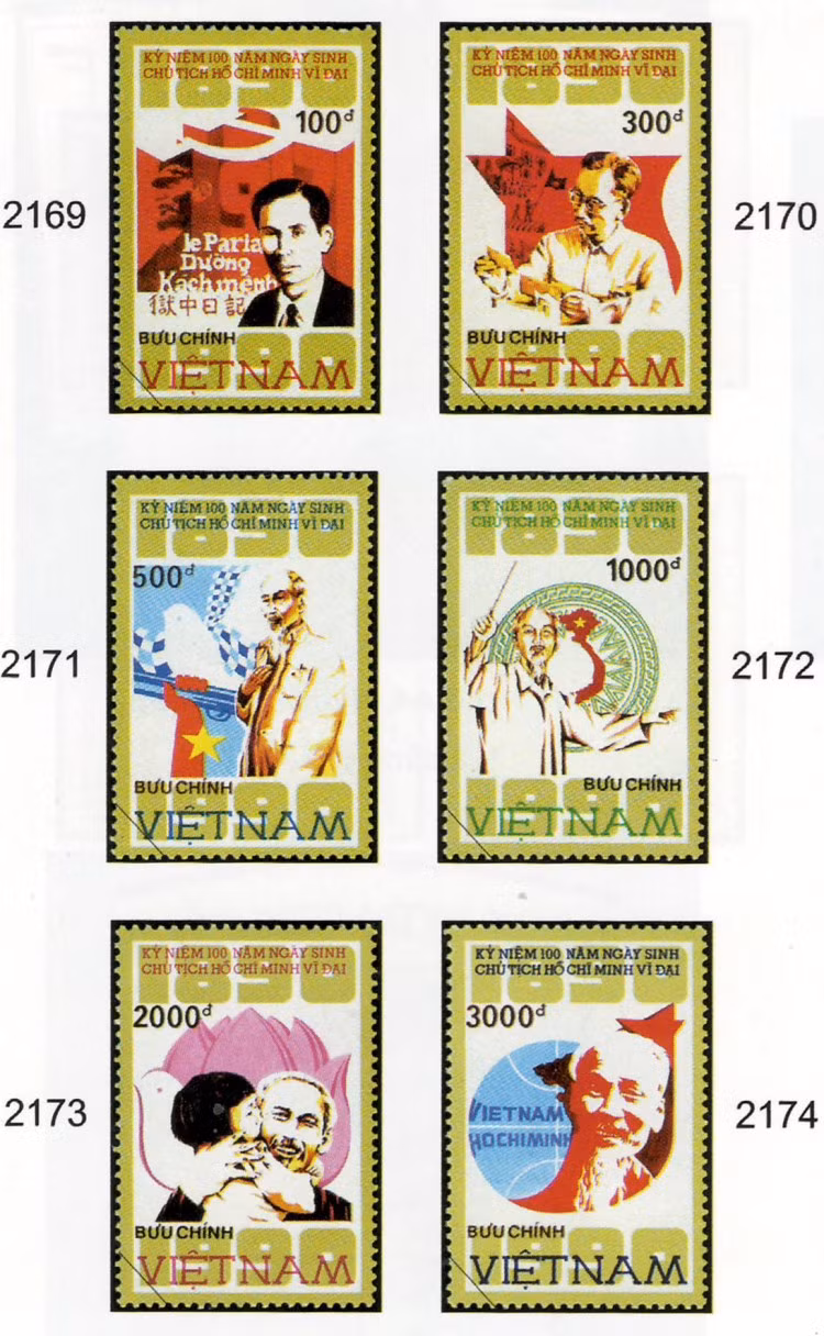 Serie de sellos que conmemoran el centenario del presidente Ho Chi Minh (19 de mayo de 1890-1990) del artista Tran The Vinh.