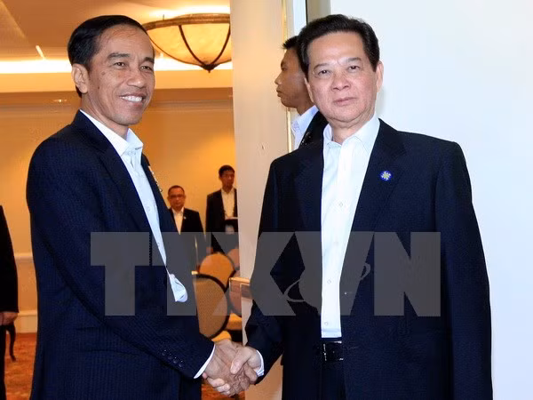 Tan Dung y el presidente indonesio, Joko Widodo (Fuente: VNA)