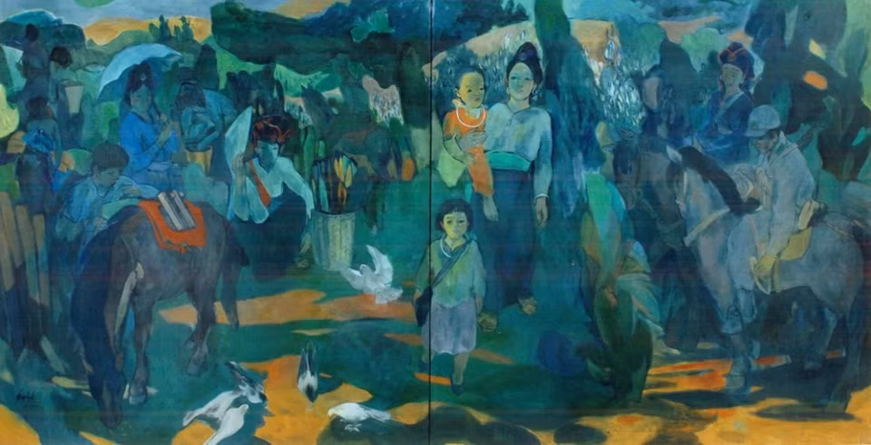 Pintura al óleo “Tarde en la frontera” retrata la vida tranquila de los residentes de grupos minoritarios.