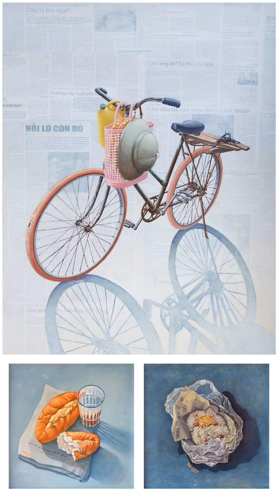 “Los amigos” (pintura acrílica) con la antigua bicicleta, el casco desteñido y las comidas sencillas – “amigos” que acompañan a trabajadores pobres. 