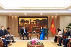 Lla viceprimera ministra vietnamita, Pham Thi Thanh Tra, recibe a una delegación de la Universidad Tecnológica de Texas, encabezada por Stephen Maxner, director del Centro Vietnam y Archivo Sam Johnson (VNCA). (Foto: VNA)