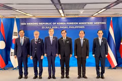 El ministro de Relaciones Exteriores de Vietnam, Le Hoai Trung, (extremo derecho) con otros titulares participantes en la 14.ª Reunión de Cancilleres del Mekong y Corea del Sur. (Foto: Cancillería de Vietnam)