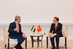 El miembro del Buró Político y ministro de Relaciones Exteriores, Le Hoai Trung, (derecha) se reúne con el viceprimer ministro y titular de Relaciones Exteriores de los EAU, el jeque Abdullah bin Zayed Al-Nahyan. (Foto: VNA)