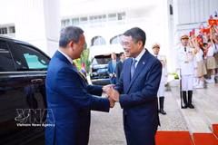 El primer ministro de Vietnam, Le Minh Hung, recibe a su homólogo de Camboya, Hun Manet. (Foto: VNA)