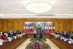 Esecretario general del Partido Comunista de Vietnam, To Lam, en una reunión con el presidente de la Asamblea Nacional de Laos, Saysomphone Phomvihane. (Foto: VNA)