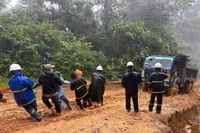 Lineros de la compañía eléctrica de Quang Tri superan todas las dificultades, esforzándose por llevar electricidad a las aldeas y poblados remotos antes del 15 de diciembre. Foto: VNA