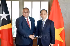 El secretario del Comité Central del Partido Comunista y ministro interino de Relaciones Exteriores de Vietnam, Le Hoai Trung, recibe al ministro de Relaciones Exteriores y Cooperación de Timor Leste, Bendito dos Santos Freitas. (Fuente: VNA)