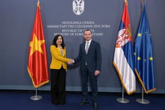 El vicecanciller serbio Damjan Jovic y su homóloga vietnamita Le Thi Thu Hang. (Fuente: VNA)