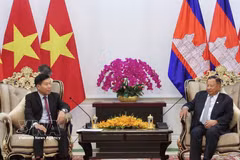 El viceministro vietnamita de Relaciones Exteriores Nguyen Manh Cuong (izquierda) se reúne con el vicepresidente del Partido Popular de Camboya Samdech Say Chhum. (Fuente: VNA)