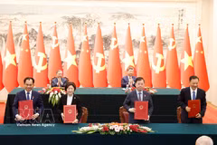 En las firmas sobre la exportación de pomelo y limón entre el Ministerio de Agricultura y Medio Ambiente de Vietnam y la Administración General de Aduanas de China y sobre el fortalecimiento de la cooperación cultural y artística en 2026-2027 entre la Televisión de Vietnam y la Televisión Central de China. (Foto: VNA)
