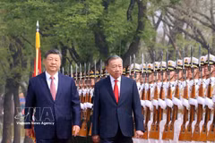 El secretario general del Partido Comunista de China y presidente del país, Xi Jinping, y el secretario general del Partido Comunista de Vietnam y presidente de la República, To Lam, en la ceremonia. (Fuente: VNA)