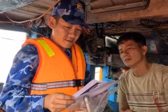 Un grupo de trabajo del Comando de la Región 2 de la Guardia Costera inspecciona las licencias de pesca y los sistemas de monitoreo de embarcaciones. (Fuente: VNA)