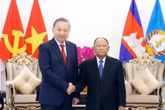 El secretario general del Partido Comunista de Vietnam, To Lam, y el presidente honorario del Partido Popular de Camboya, Heng Samrin. (Fuente: VNA)