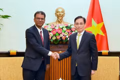 El ministro de Relaciones Exteriores, Le Hoai Trung, recibe al embajador no residente de Nepal en Vietnam, Dhan Bahadur Oli. (Fuente: VNA)