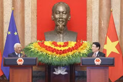 El presidente de Vietnam, Luong Cuong, y el titular del Consejo Europeo, António Costa, en el evento. (Fuente: VNA)