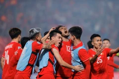 Jugadores vietnamitas celebran el primer gol. (Fuente: VNA)