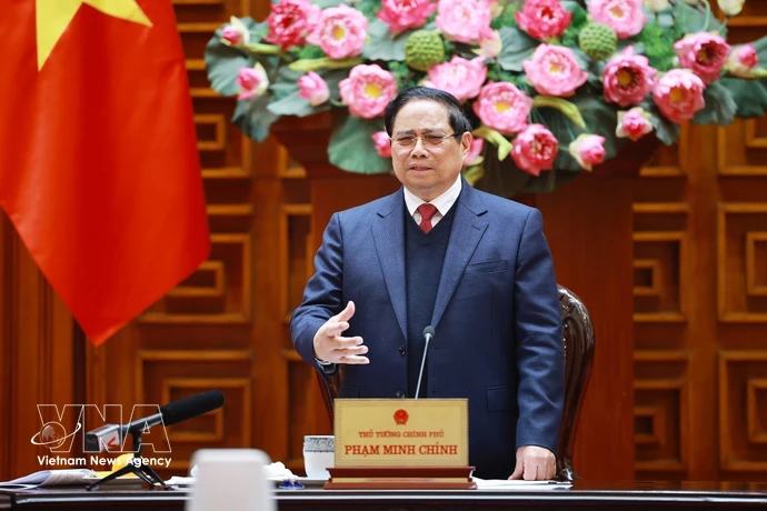 El primer ministro vietnamita, Pham Minh Chinh, habla en el evento. (Fuente: VNA)