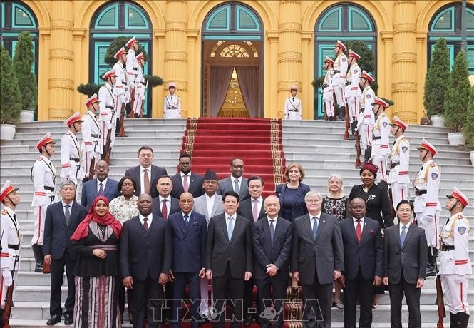 El presidente vietnamita, Luong Cuong, y nuevos embajadores. (Fuente: VNA)