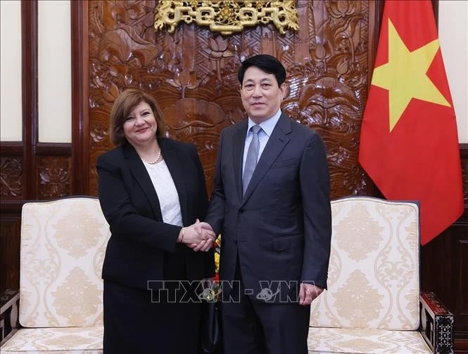 El presidente de Vietnam, Luong Cuong, recibe a la embajadora saliente de Egipto, Amal Abdel Kader Elmorsi Salama. (Foto: VNA)
