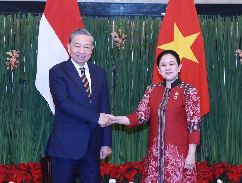 El secretario general del Partido Comunista de Vietnam, To Lam, se reúne con la presidenta del Consejo Representativo del Pueblo de Indonesia, Puan Maharani (Foto: VNA)