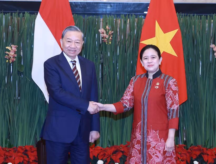 El secretario general del Partido Comunista de Vietnam, To Lam, se reúne con la presidenta del Consejo Representativo del Pueblo de Indonesia, Puan Maharani (Foto: VNA)