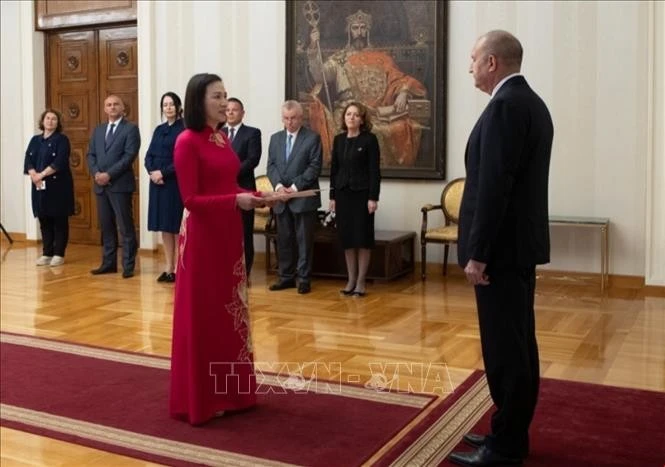 La embajadora de Vietnam, Nguyen Thi Minh Nguyet, presenta sus cartas credenciales al presidente búlgaro, Rumen Radev. (Foto: VNA)