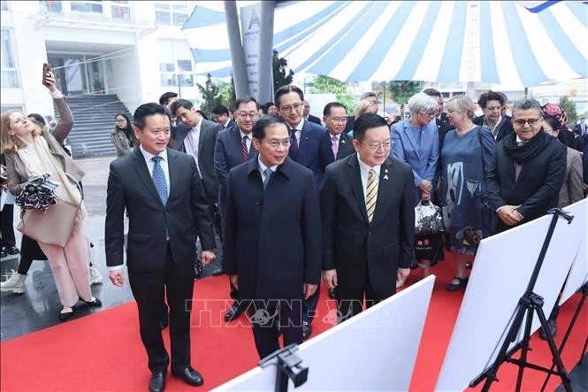 El viceprimer ministro y canciller, Bui Thanh Son (centro, al frente), y los delegados representantes de otros países de la ASEAN visitan la exposición (Foto: VNA) 