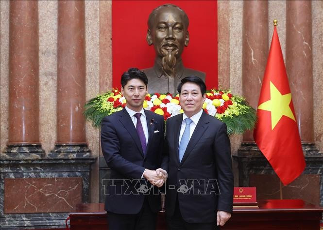 El presidente de Vietnam, Luong Cuong (derecha), recibe a Nakasone Yasutaka, jefe de la División Juvenil del LDP de Japón (Foto: VNA)