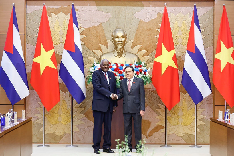 El presidente de la Asamblea Nacional de Vietnam, Tran Thanh Man, se reúne con el titular de la Asamblea Nacional del Poder Popular y del Consejo de Estado de Cuba, Esteban Lazo Hernández (Foto: VNA)