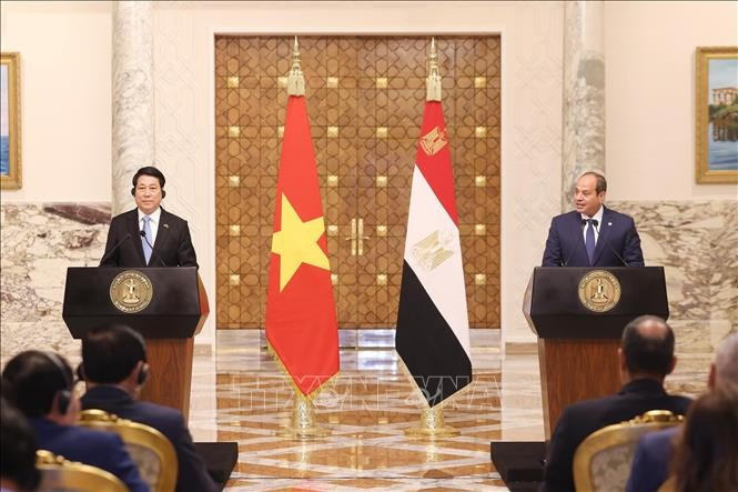 El presidente de Vietnam, Luong Cuong, y su homólogo egipcio Abdel Fattah El-Sisi, se reúnen con la prensa (Foto: VNA)