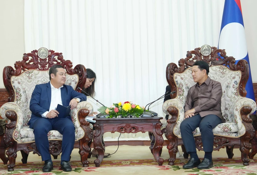 El presidente de Vinachem, Phung Quang Hiep (izquierda), se reúne con el viceprimer ministro de Laos, Saleumxay Kommasith (Foto: VNA)