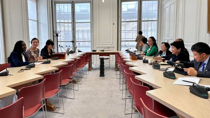 En la sesión de trabajo con Thani Mohamed Soilihi, ministro delegado para la Francofonía y las Asociaciones Internacionales del Ministerio de Asuntos Exteriores y Europeos de Francia. (Foto: VNA)