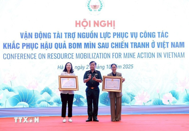 El viceministro de Defensa, coronel general Hoang Xuan Chien, entrega la Orden de la Amistad del Presidente de la República a representantes de las organizaciones internacionales (Foto: VNA)