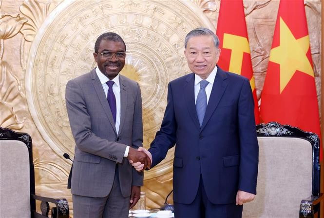 El secretario general del Partido Comunista de Vietnam, To Lam, recibe a Lazare Eloundou Assomo, director del Centro del Patrimonio Mundial de la UNESCO (Foto: VNA)