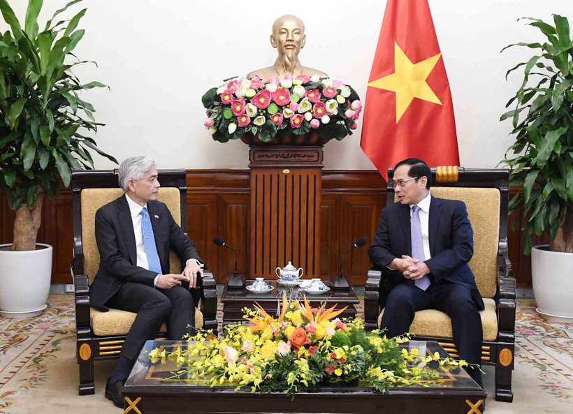 El viceprimer ministro y canciller de Vietnam, Bui Thanh Son, recibe a Albert Chua, secretario permanente del Ministerio de Relaciones Exteriores de Singapur (Foto. VNA)