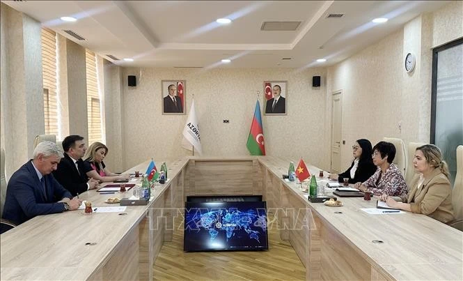 La directora general de la VNA, Vu Viet Trang, se reúne con el presidente de la agencia nacional de noticias azerbaiyana Azertac, Vugar Alyev (Foto: VNA)