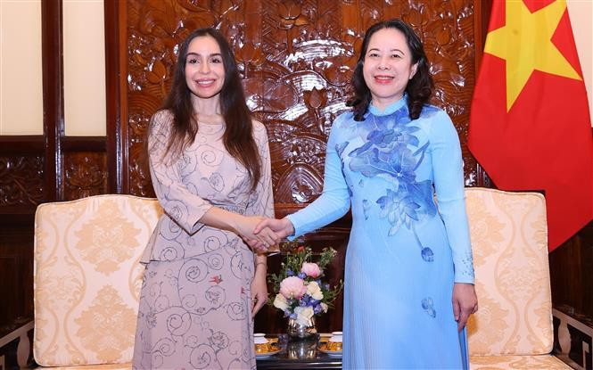 La vicepresidenta vietnamita Vo Thi Anh Xuan (derecha) recibe a Leyla Aliyeva, subjefa de la Fundación Heydar Aliyev (Foto: VNA)