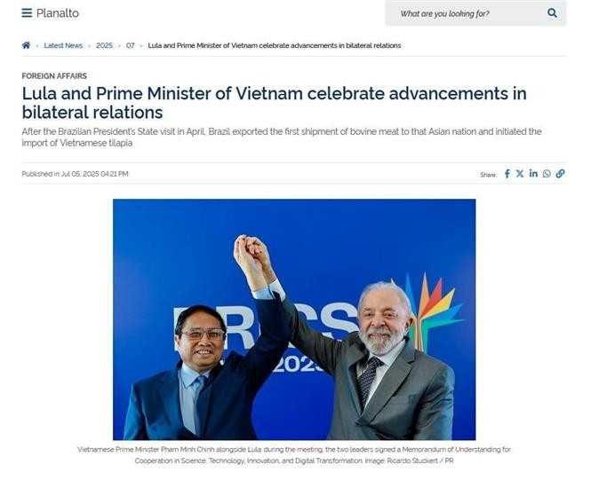 El diario Planalto del Gobierno brasileño informa sobre la reunión entre el primer ministro Pham Minh Chinh y el presidente Luiz Inácio Lula da Silva (Foto: VNA)