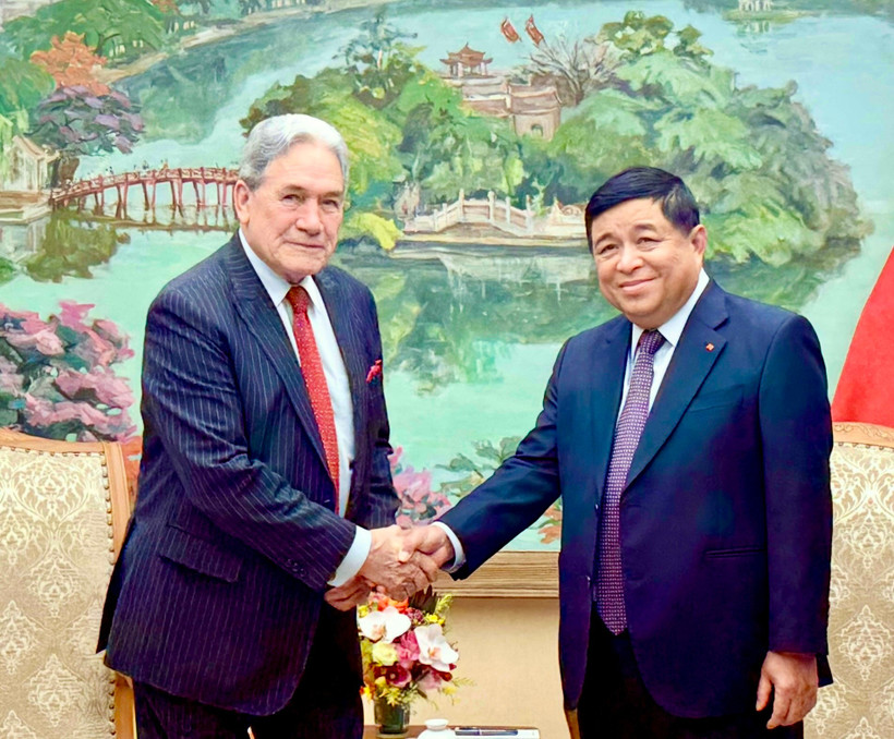 El viceprimer ministro Nguyen Chi Dung (derecha) recibe al ministro de Asuntos Exteriores de Nueva Zelanda, Winston Peters (Foto: baochinhphu.vn)