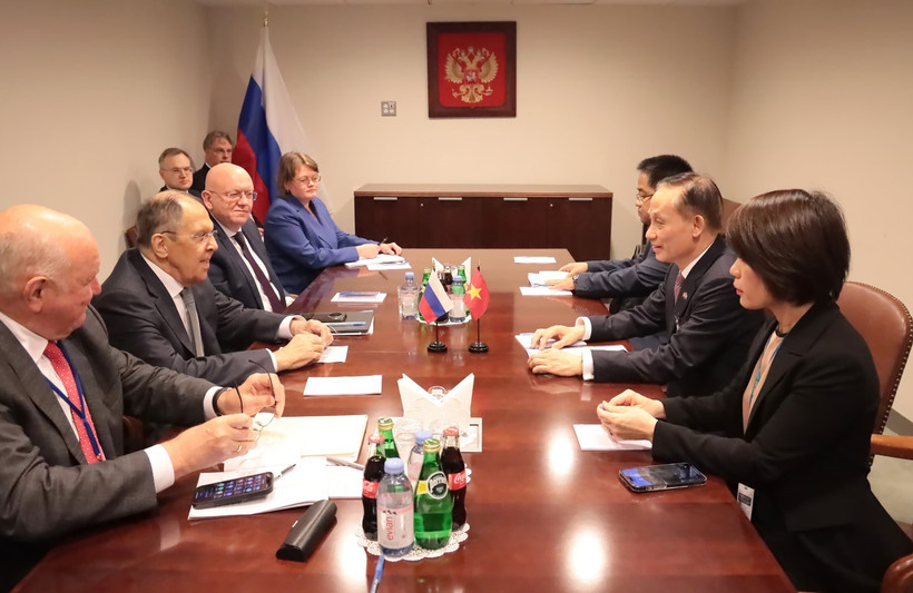 El miembro del Comité Central del Partido Comunista de Vietnam y ministro interino de Relaciones Exteriores, Le Hoai Trung, se reúne con el canciller ruso, Serguéi Lavrov (Foto: VNA)