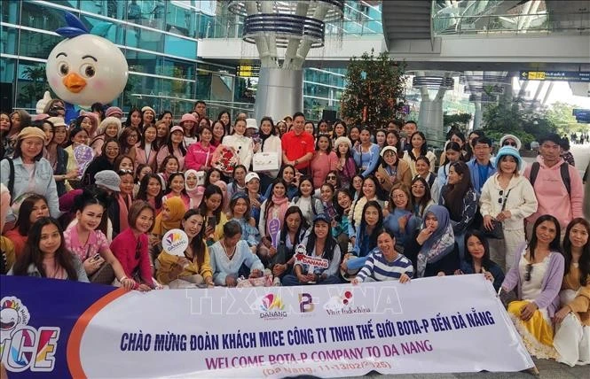 Grupo de turistas MICE en el aeropuerto internacional de Da Nang (Foto: VNA)