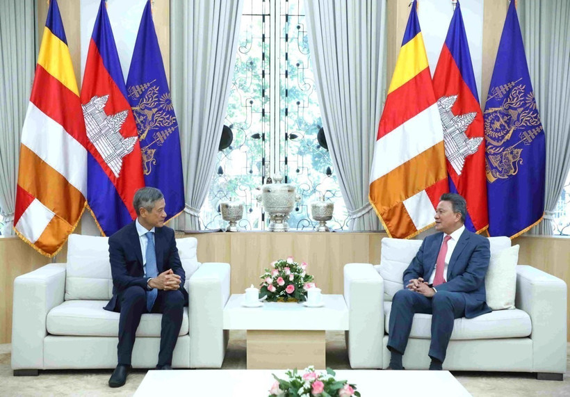 El embajador de Vietnam en Phnom Penh, Nguyen Minh Vu (izquierda), se reúne con el viceprimer ministro y primer vicepresidente del Consejo de Desarrollo de Camboya, Sun Chanthol (Foto: VNA)