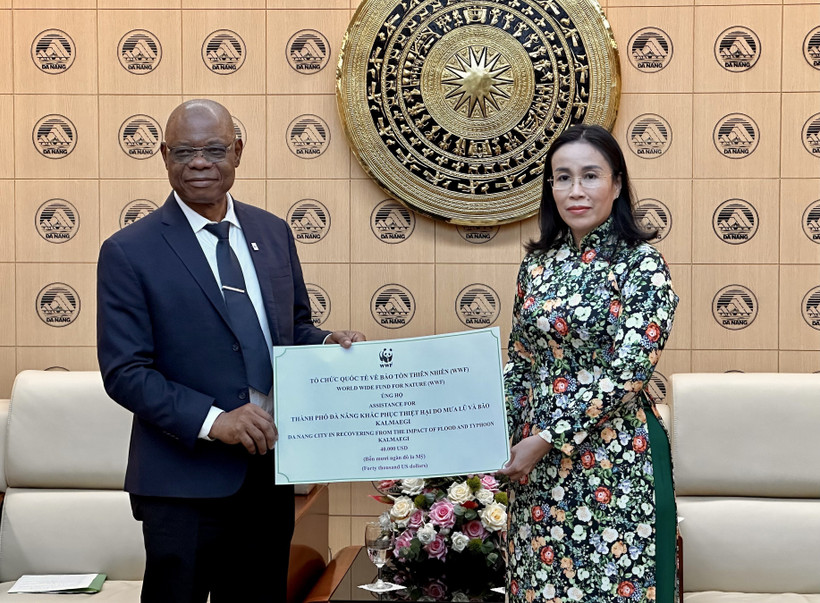 Martin Kabaluapa Kapinga (izq.), jefe de la División de Oficinas Nacionales del WWF, entrega una donación simbólica a Nguyen Thi Anh Thi, vicepresidenta del Comité Popular de Da Nang, para apoyar los esfuerzos de recuperación de la ciudad central tras las fuertes lluvias y el paso del tifón Kalmaegi (Foto: VNA)