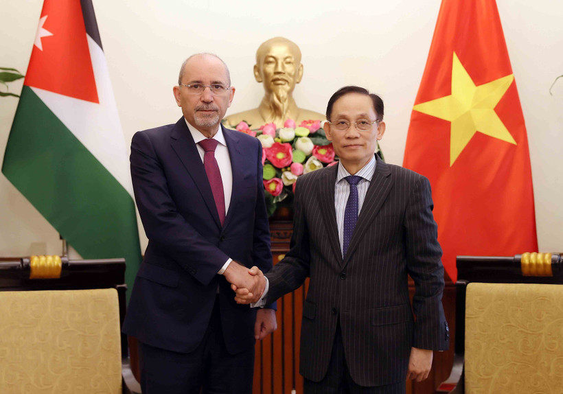 El canciller de Vietnam, Le Hoai Trung (derecha), se reúne con el viceprimer ministro y titular de Asuntos Exteriores y de los Residentes en el Exterior de Jornadia, Ayman Al Safadi (Foto: VNA)