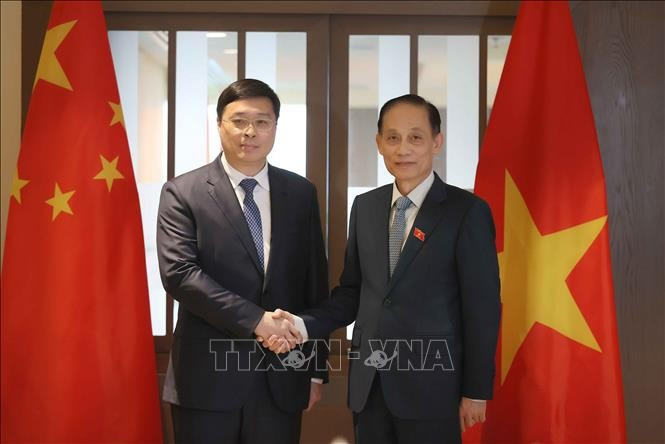El ministro de Relaciones Exteriores de Vietnam, Le Hoai Trung (derecha), recibe a Wei Tao, presidente de la Región Autónoma Zhuang de Guangxi, China. (Foto: VNA)