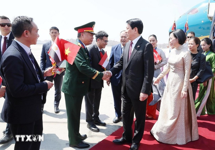 El presidente de Vietnam, Luong Cuong, y su esposa llegan al Aeropuerto Internacional de El Cairo (Foto: VNA)