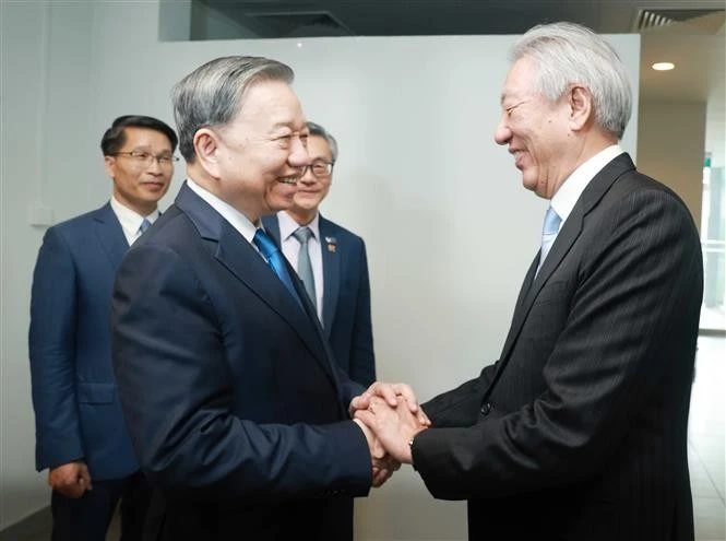 El secretario general del Partido Comunista de Vietnam, To Lam (izquierda), recibe al ministro principal y ministro coordinador de Seguridad Nacional de Singapur, Teo Chee Hean (Foto: VNA)