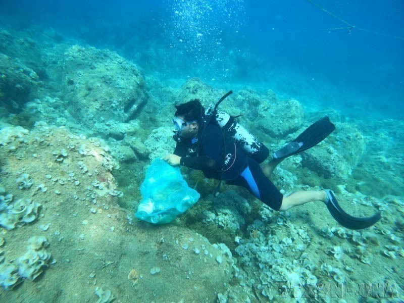 En la isla de Nhon Hai, en la provincia de Binh Dinh, se organizan actividades de limpieza submarina para retirar plásticos del fondo marino. (Foto: VNA)