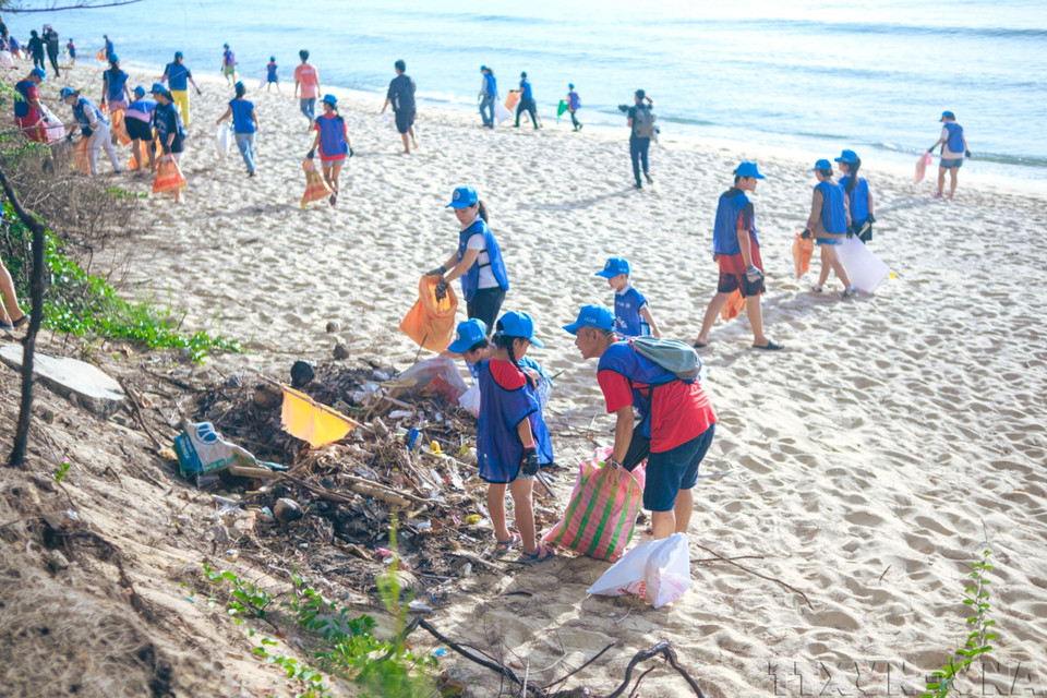 Pobladores participan en la recolección y clasificación de desechos en el evento "Día Verde en Binh Dinh 2024" en el Centro Internacional para la Ciencia y la Educación Interdisciplinarias (ICISE), ciudad de Quy Nhon, provincia de Binh Dinh (junio de 2024). (Foto: VNA)