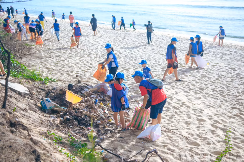 Pobladores participan en la recolección y clasificación de desechos en el evento "Día Verde en Binh Dinh 2024" en el Centro Internacional para la Ciencia y la Educación Interdisciplinarias (ICISE), ciudad de Quy Nhon, provincia de Binh Dinh (junio de 2024). (Foto: VNA)